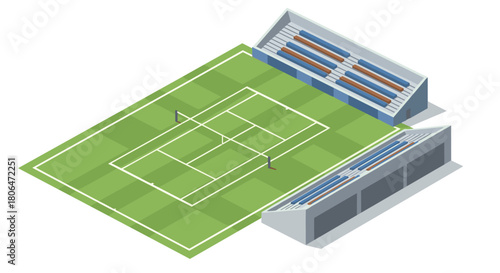 Isometric tennis court with grandstands and net on green field