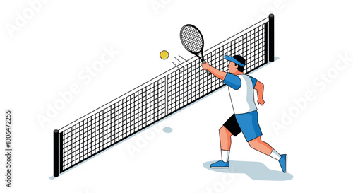 Isometric tennis player hitting ball on court with net