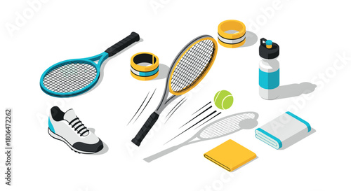 Isometric tennis equipment collection with racket, ball, and accessories in modern style
