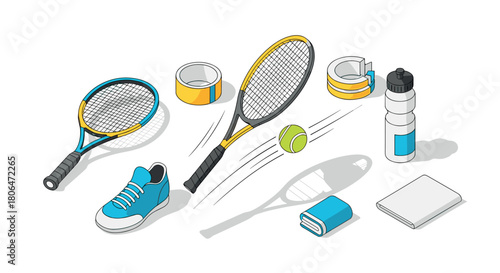 Isometric tennis gear set with rackets, ball, and accessories in modern 3d style