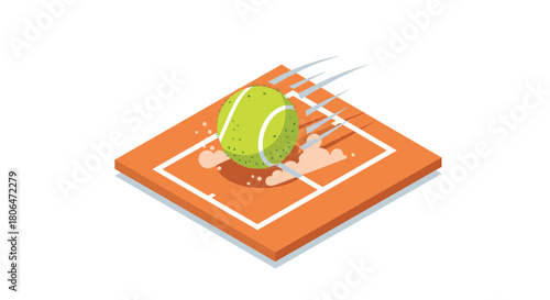 3d tennis ball bouncing on clay court with motion lines and dust cloud