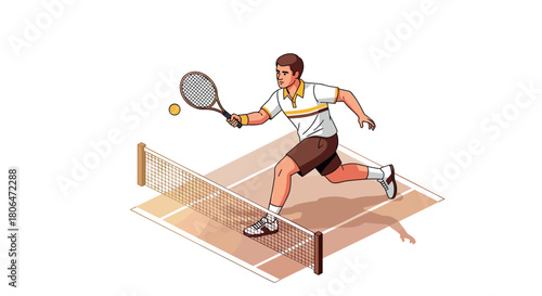 Dynamic tennis player in action on court with isometric design