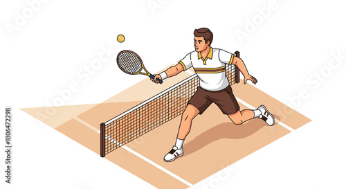 Isometric tennis player serving on court with racket and ball