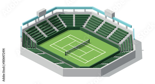 Isometric tennis court arena with green seats and bright lighting