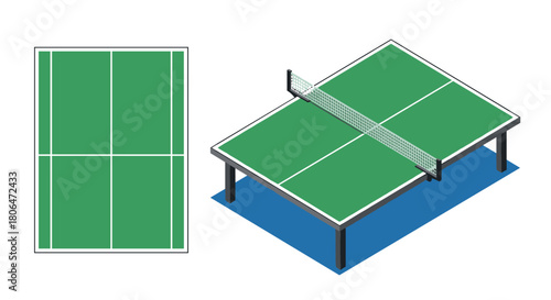 Isometric table tennis court design with green playing surface and net