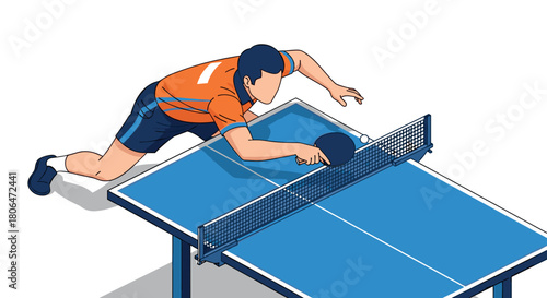Dynamic table tennis player in action on blue ping pong table