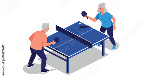 Seniors playing table tennis in an isometric style