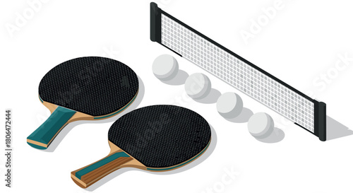 Isometric table tennis set with paddles, balls, and net