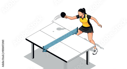 Isometric table tennis action with female player in vibrant sportswear