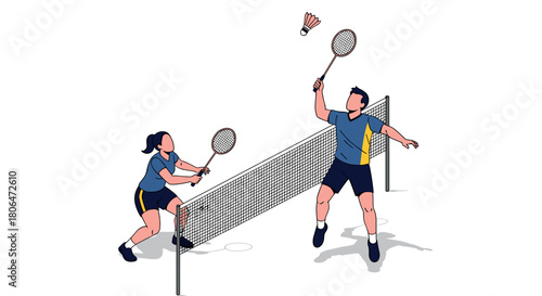 Dynamic badminton match with two players in action over the net