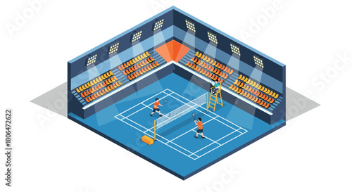 Dynamic isometric tennis match in indoor arena with spectators and umpire