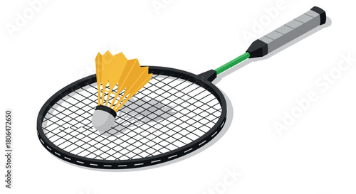 Isometric badminton racket with shuttlecock on white background