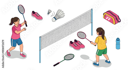 Two girls playing badminton with equipment on court in isometric style