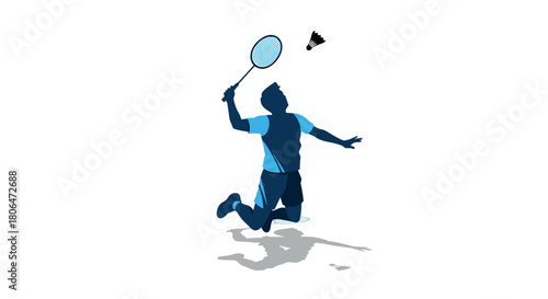 Dynamic silhouette of a badminton player in action with racket and shuttlecock