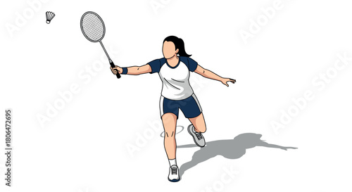 Dynamic female badminton player in action with shadow on white background