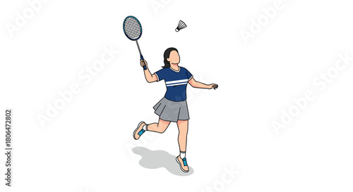Badminton player in action: dynamic game with racket and shuttlecock on white background