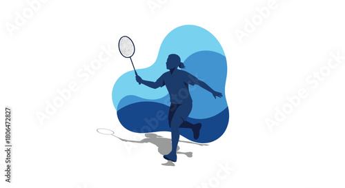 Silhouette of female badminton player in blue modern artistic design