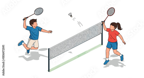 Dynamic kids playing badminton game with rackets and shuttlecock illustration