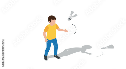 Child playing badminton alone with shadow in isometric style