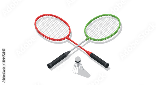 Crossed badminton rackets and shuttlecock isometric design for sports themes
