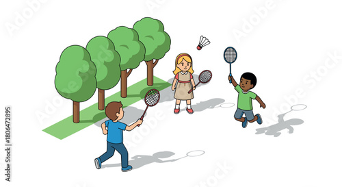 Children playing badminton outdoors in cartoon style with rackets near trees