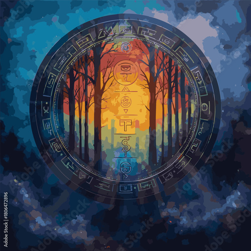 Circle with forest trees in fog. Contains hieroglyphs - eternity, freedom, happiness. Traditional oriental ink painting sumi-e, u-sin, go-hua