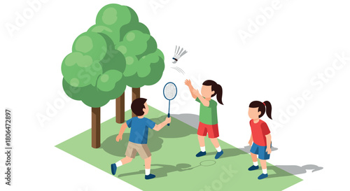Kids playing badminton outdoors in a park setting