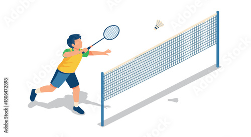 Isometric badminton player hitting shuttlecock across net in action