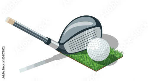 Isometric golf club and ball on grass patch with shadow