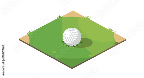 Isometric golf course with ball on green landscape