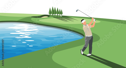 Golfer perfecting swing on scenic course with water hazard and trees