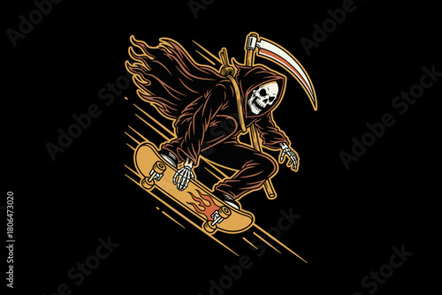 Grim Reaper Skateboarder Illustration.