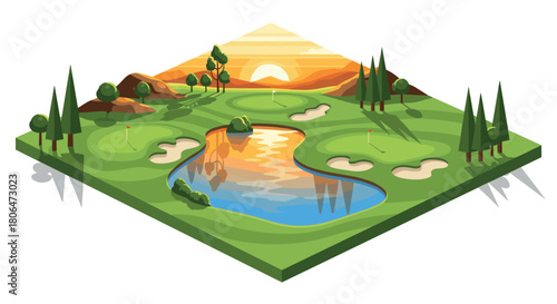 Isometric golf course landscape at sunset featuring trees and sand traps
