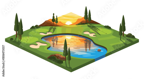 Scenic golf course at sunset with reflective water and sand traps in a vibrant isometric design