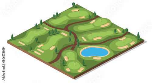 Isometric golf course with green fields and water hazards
