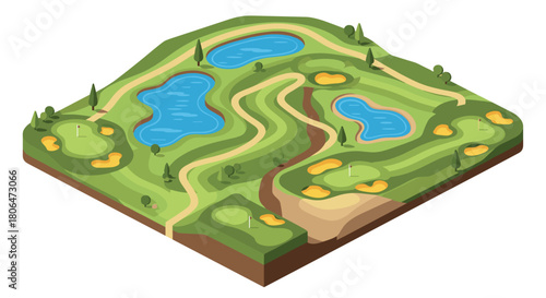 Isometric golf course with lush green landscape and water hazards