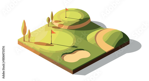 Isometric golf course landscape with green hills and sand bunker
