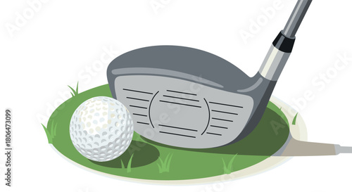 Realistic golf club and ball on grass close-up