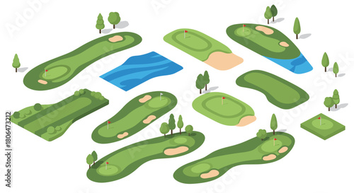 Isometric golf course elements set with sand traps and green fields