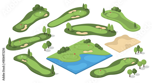 Isometric golf course elements set with green fields and trees