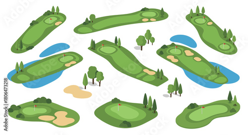 Isometric golf course design with trees and water features