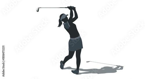 Golfer in mid-swing silhouette on white background with shadow