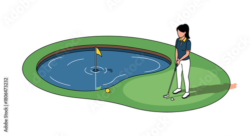 Isometric golf scene with woman putting near water hazard on green