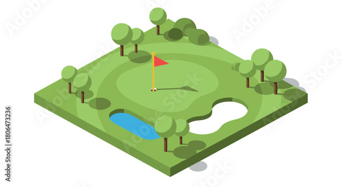 Isometric golf course with green, pond, and flag in minimalist design