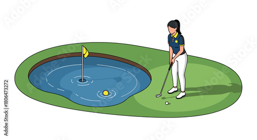 Woman golfing by water hazard in sporty outfit using putter on sunny day in cartoon style