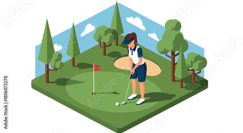 Isometric golf scene with female player on a sunny course with greenery