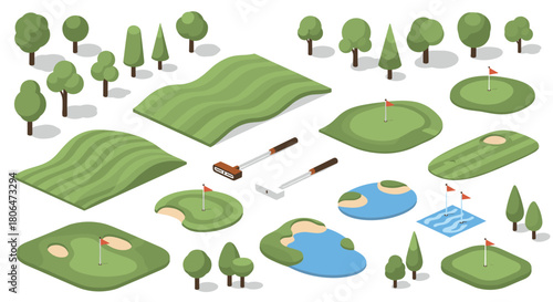 Isometric golf course elements with flags, greens, and trees for design projects