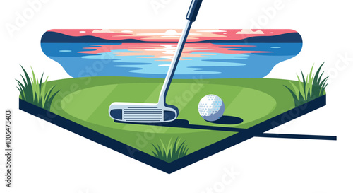 Golf club and ball at sunset on scenic lakeside green with vibrant sky reflection