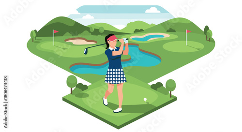 Stylish female golfer on scenic golf course with blue sky in isometric design