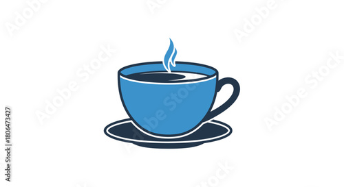 A simple blue cup of steaming coffee on a small saucer